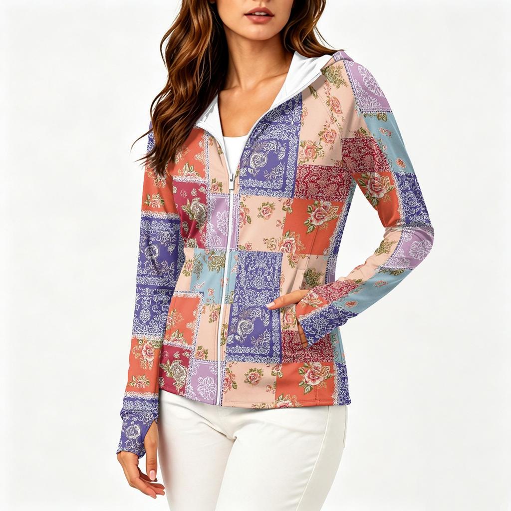 Women's Fashion Zip Up Hooded Long Sleeve Jacket With Tie- Print & Pockets
