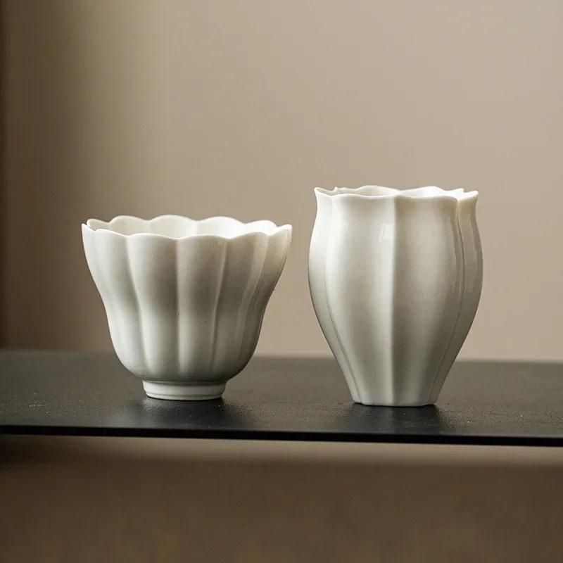 Handmade Plant Ash Glaze Ceramic Teacup with Lace Trim - Minimalist Kungfu Tea Set Cup for Aroma Tasting, Elegant Tea Cup