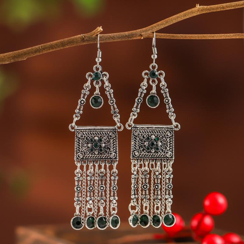 Vintage Exaggerated Long Crystal Tassel Earrings for Women Ethnic Multilayer Rhinestone Silver Color Geometric Earrings Jewelry