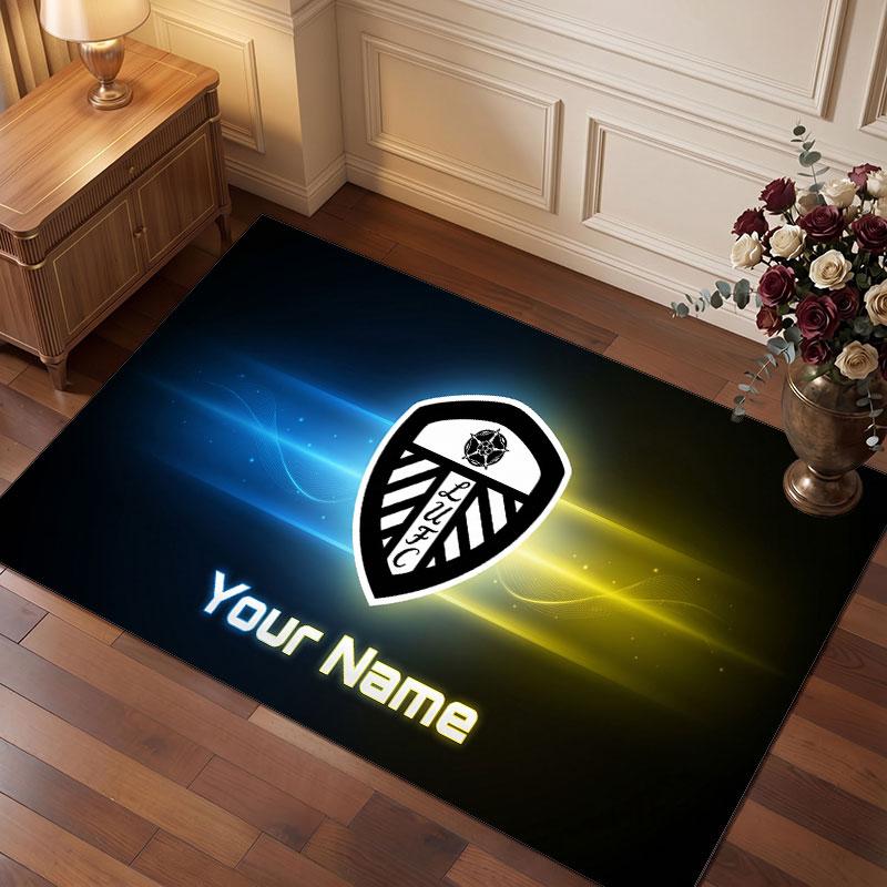 Leeds United Custom Crystal Velvet Rug, Personalized Name Text Print, Football Logo Soft Non‑Slip Floor Mat Home Decor Gift