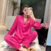Spring Pajamas Women's Ice Silk Thin Long-sleeved Trousers Hollow Lace Loungewear Suit Women's High-end Cardigan Lapel