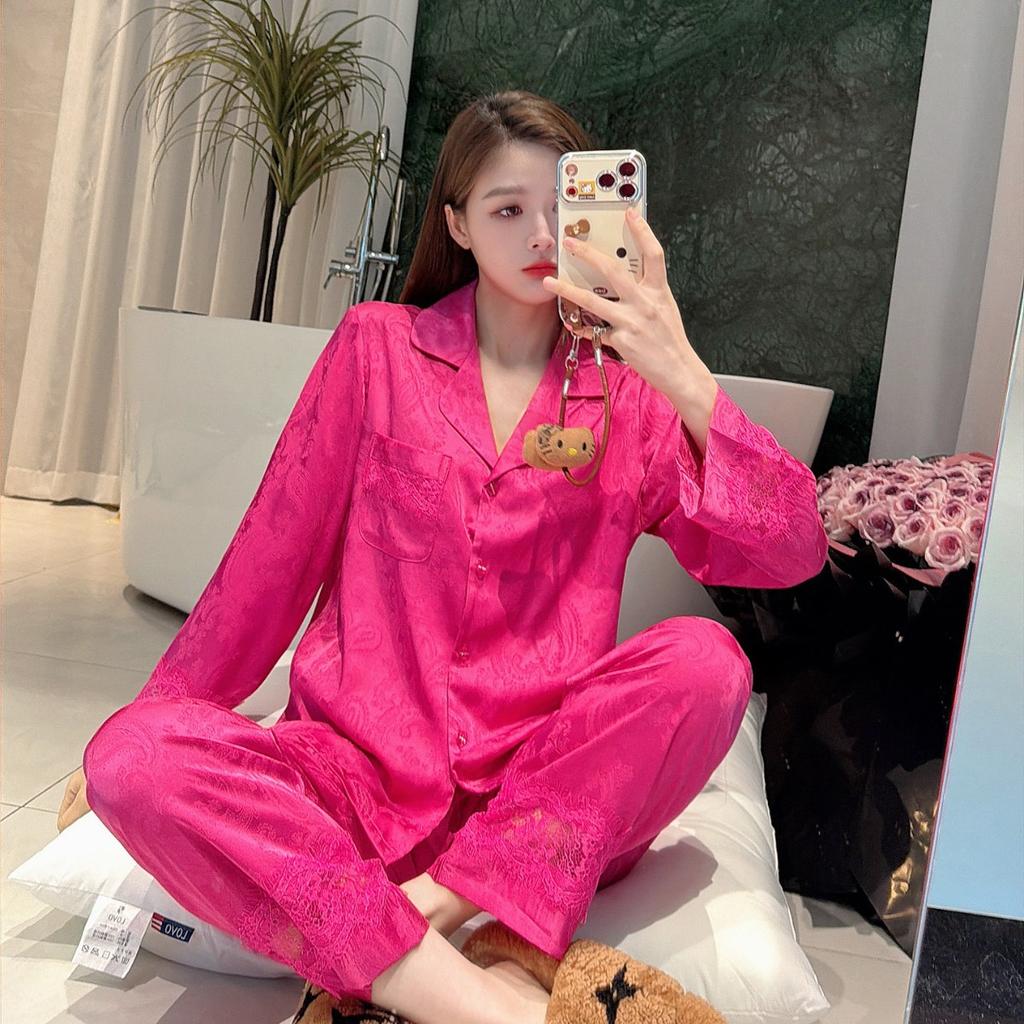Spring Pajamas Women's Ice Silk Thin Long-sleeved Trousers Hollow Lace Loungewear Suit Women's High-end Cardigan Lapel