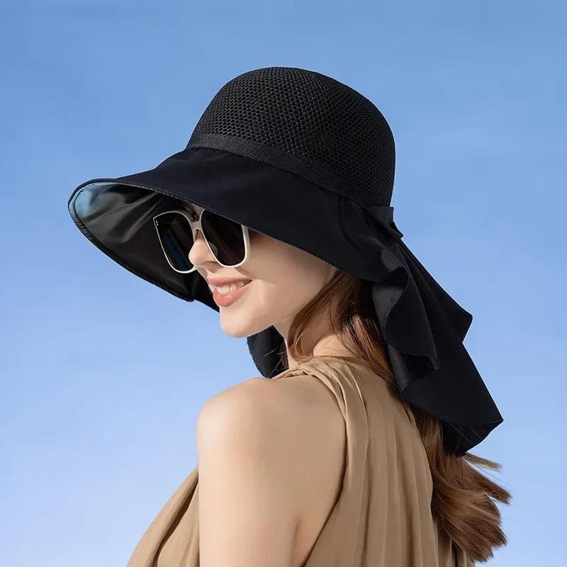 

Women s Summer Bucket Hat with Shawl - Lightweight Breathable Mesh Sun Hat, Neck Protection Bow Design Beach Cap One Size чорний
