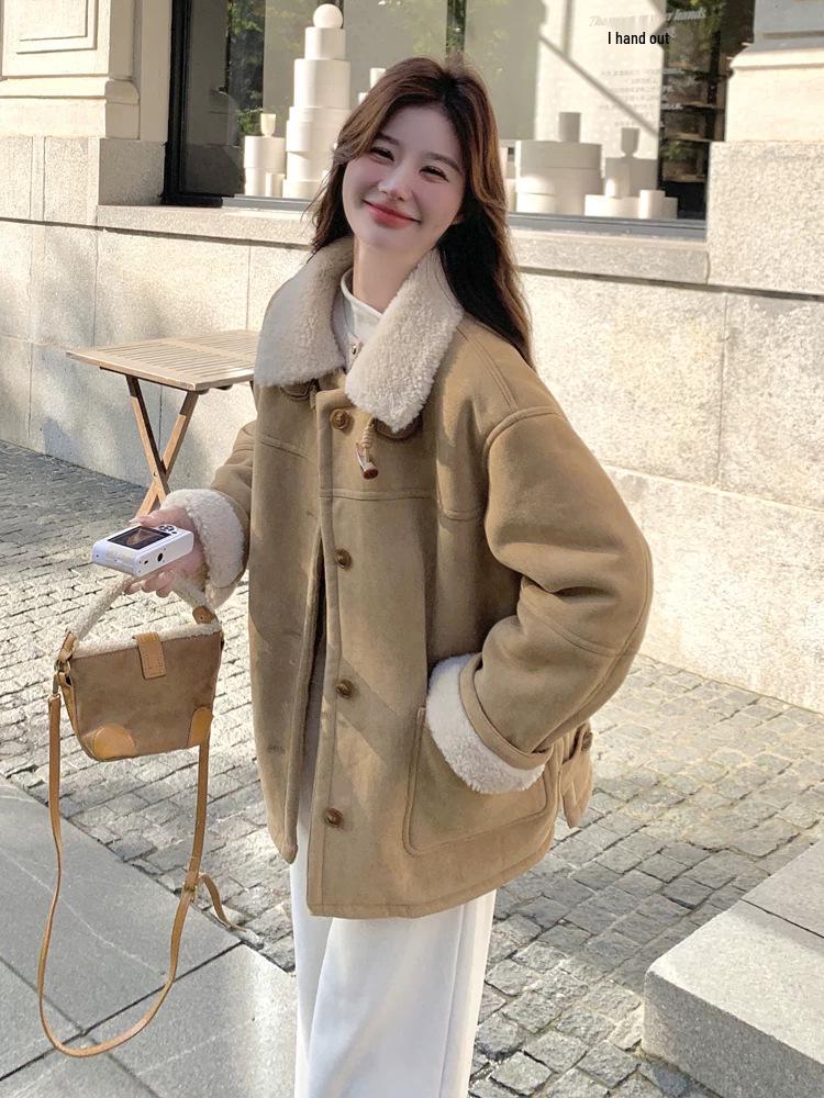 2025 Winter Women's Khaki Shearling Coat - Korean Style, Fleece-Lined, Thick Imitation Lamb's Wool