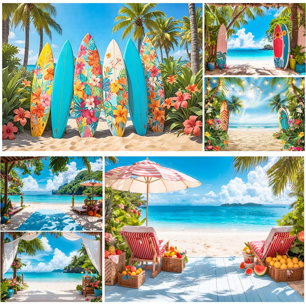 Hawaiian Summer Seaside Backdrop for Photography Tropical Beach Palm Tree Surfboard Baby Birthday Holiday Party Photo Background