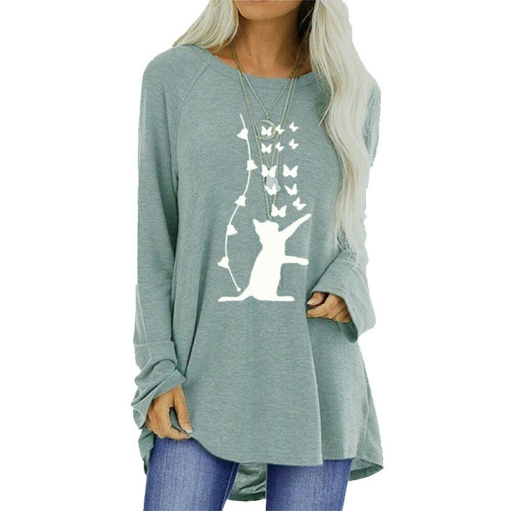 Buy Plus Size Womens Cat Butterfly Printed Long Sleeve Round Neck T