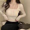 Solid Color Sweet Slim Tops Square Neck Lace Up T-shirt Long Sleeve T-shirt  Spring Autumn