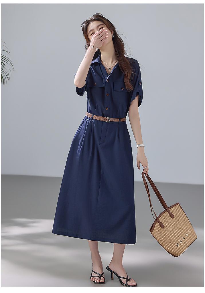 Relaxed Lapel Short-Sleeved Dress with Lining