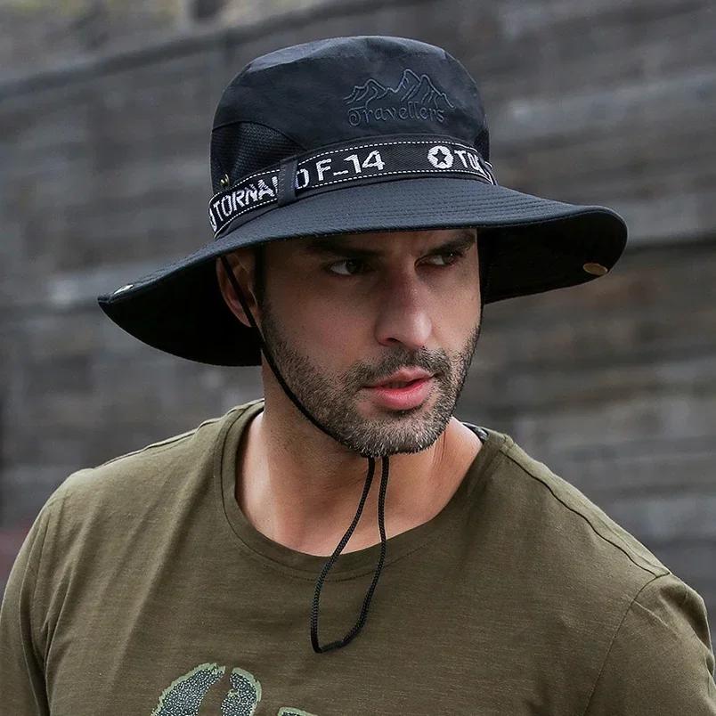 Fashion Summer Bucket Hat Sun Hats For Men Outdoor Fishing Travel Safari Uv Protection Beach Hats Mesh Breathable Wide Brim Hat