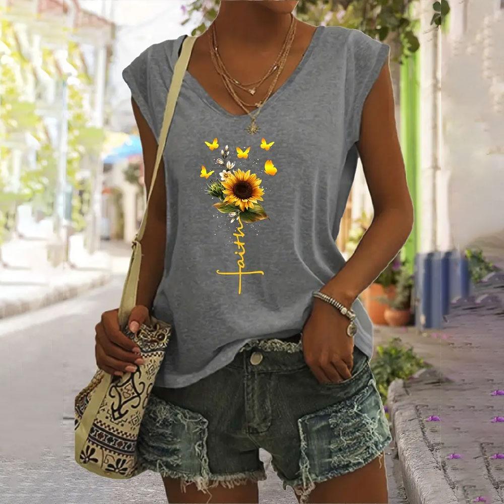 Women's V-Neck T-shirts Casual Fashionable White Sleeveless Vest 3d Sunflower Print Basic Tops Simple Style Summer Tees Shirts