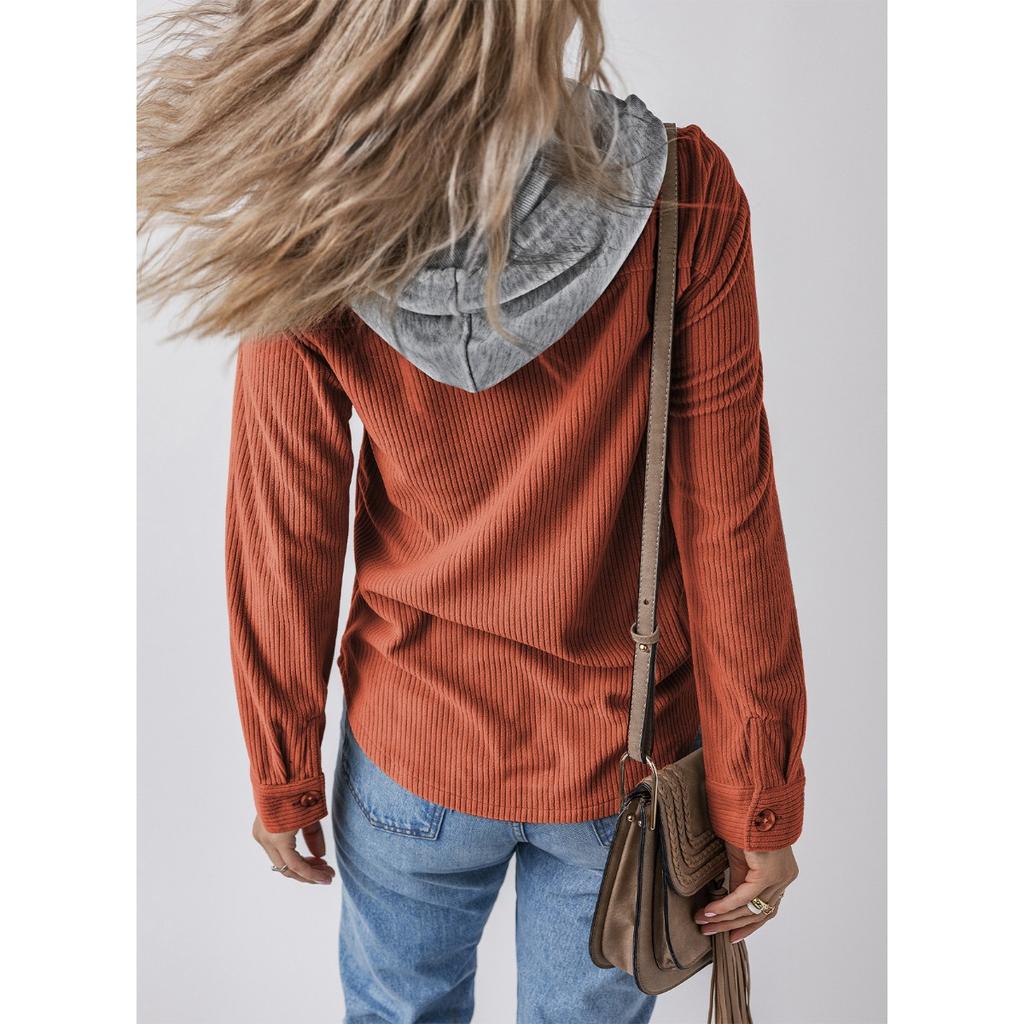 IHUASU Autumn Winter Lapel Buckle Cardigan Purse Hooded Drawstring Striped Coat for Women