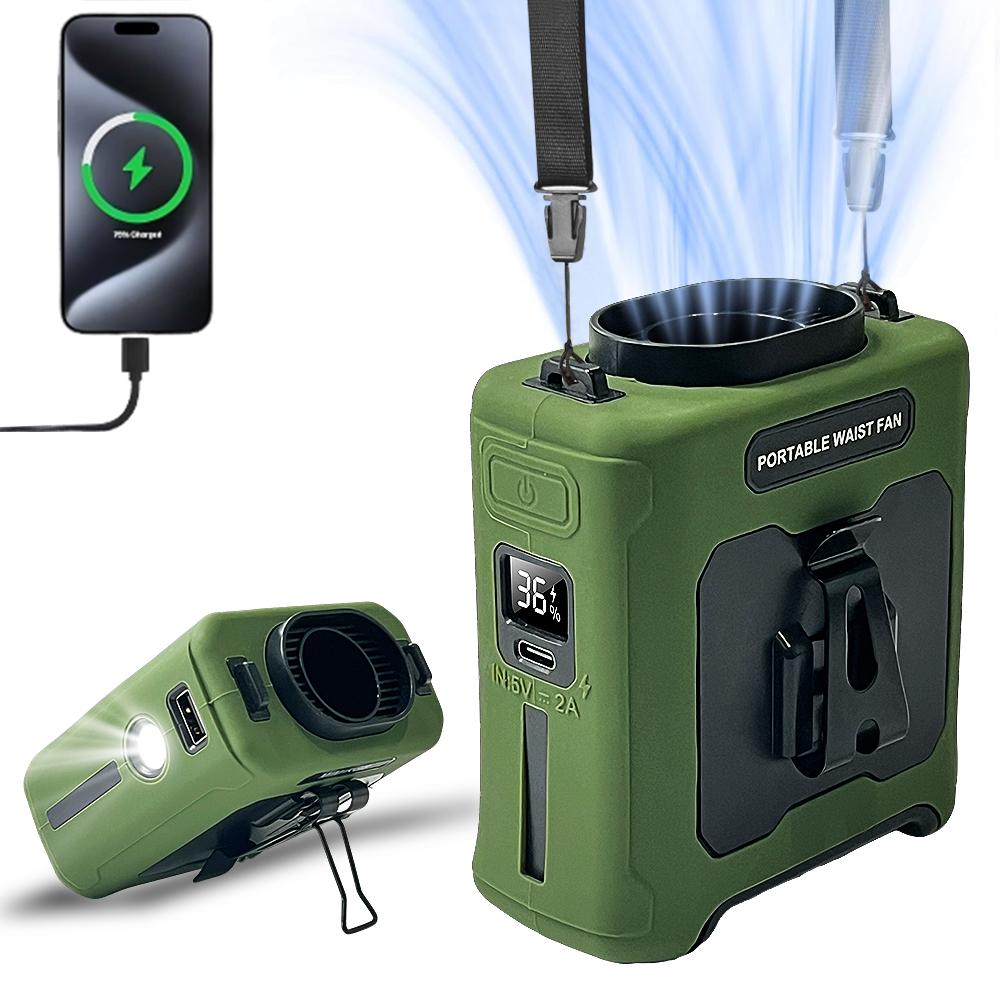 Portable Waist Fan Clip On,10000mAh Rechargeable Wearable Shirt Fan with Light,5 Speeds Belt Fans Cooling Fans for Outdoor