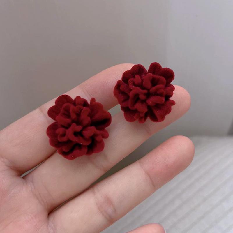 Red Flocking Flower Stud Earrings for Women Trendy Fold Petal Big Earrings Wedding Party Lucky Personality Jewelry Girls Gift