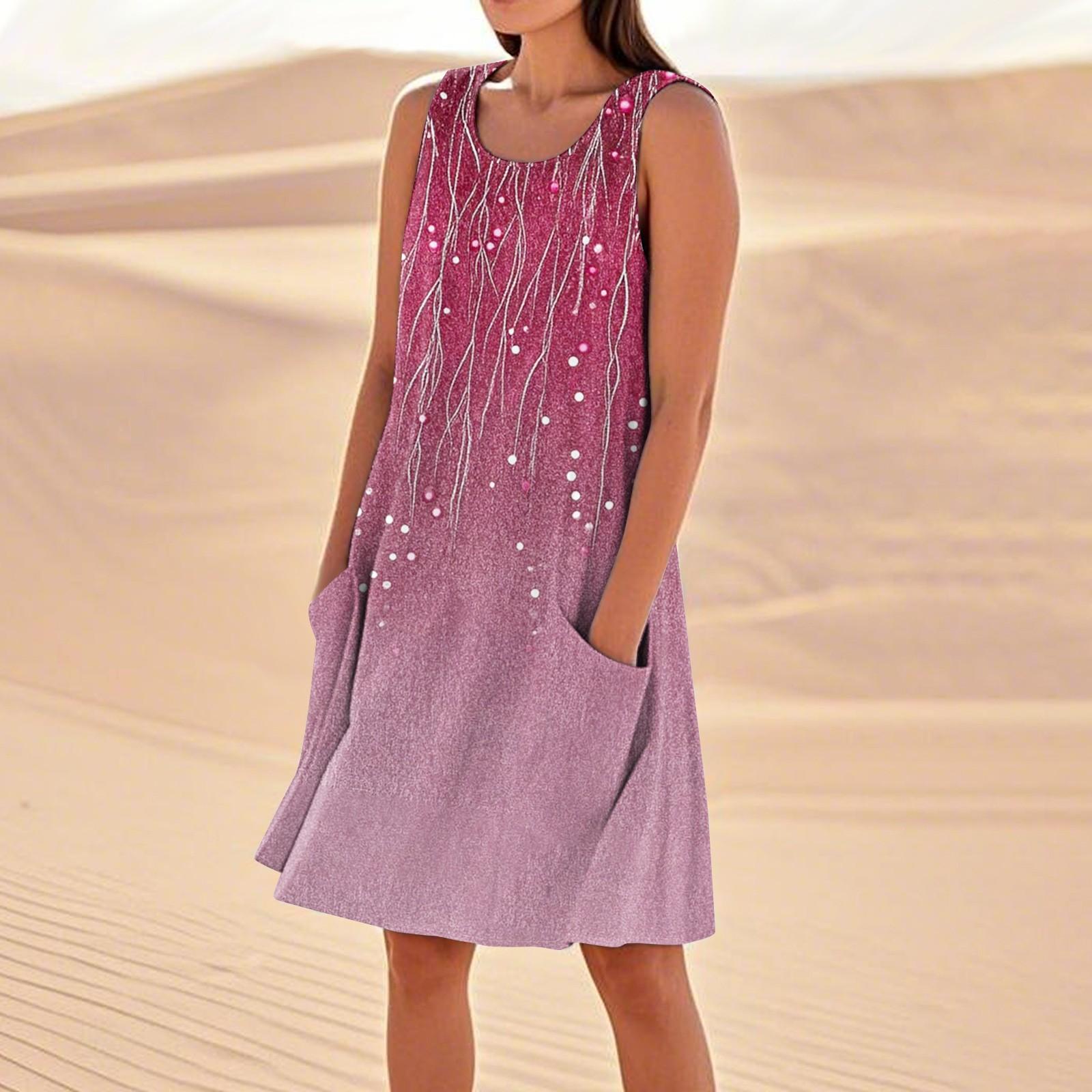 

Летние платья для женщин, свободные пляжные повседневные сарафаны без рукавов с карманами, платье-майка M фиолетовый