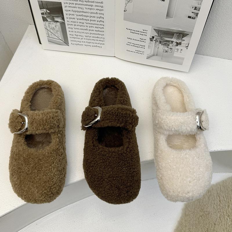 Baotou Fluffy Slippers Women's 2025 New Autumn and Winter Wear Velvet Warm Internet Celebrity Half Slippers Mary Jane Cotton Shoes