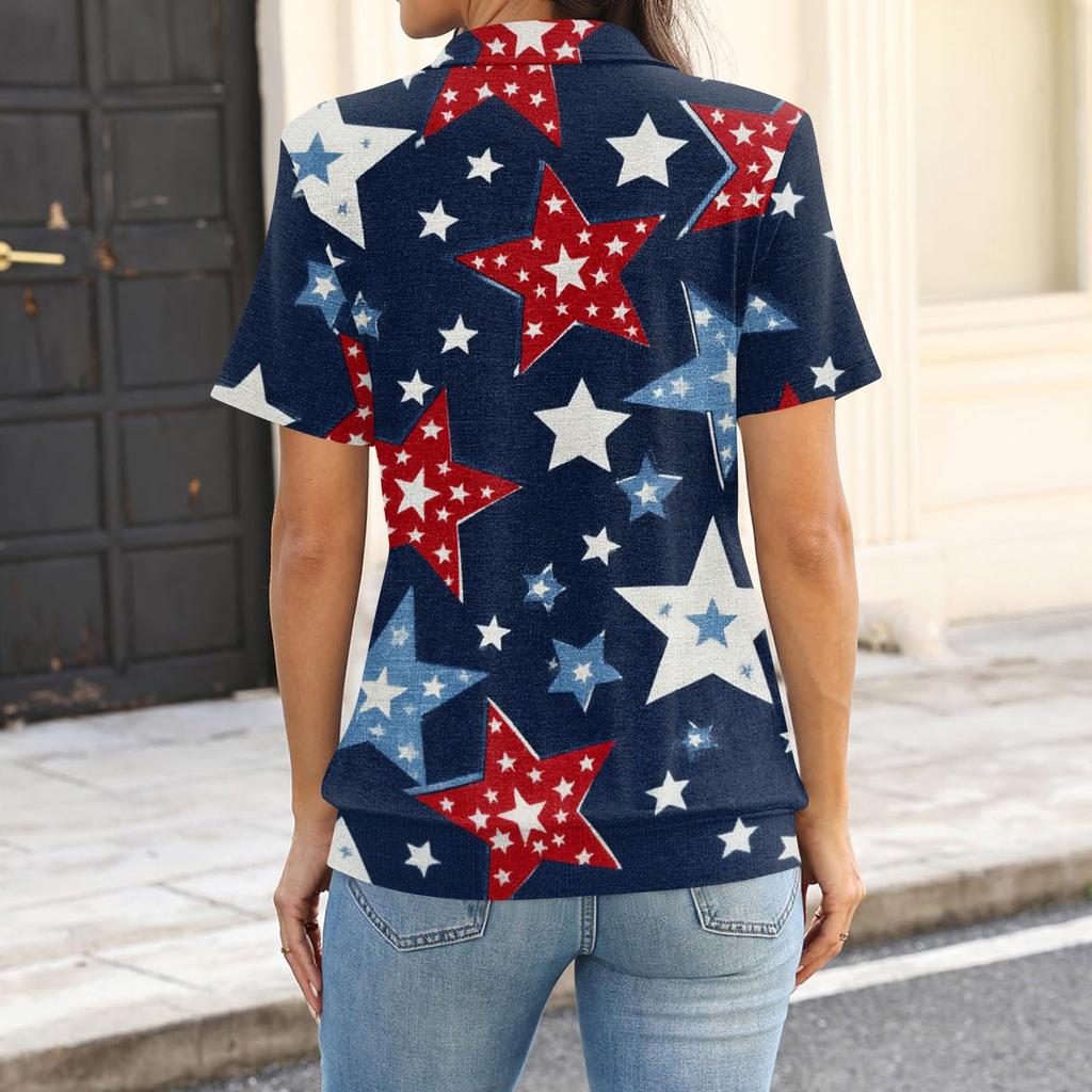 Women’s Fashion Casual Short Sleeve Polo Collar Top with Independence Day Inspired Print for Everyday Wear and Comfort