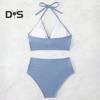 2dílná sada letních bikin, podprsenka s vyztužením a skládaným detailem, sada plavek s vysokým pasem, jednobarevné plavky