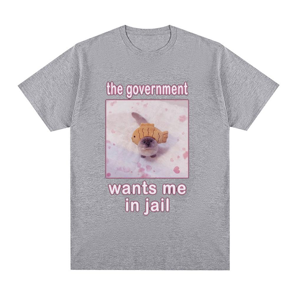 The Government Wants Me In Jail Funnt Cat Meme T Shirts Men's Women Fashion Harajuku T-shirt Cotton Casual Short Sleeve T-shirts