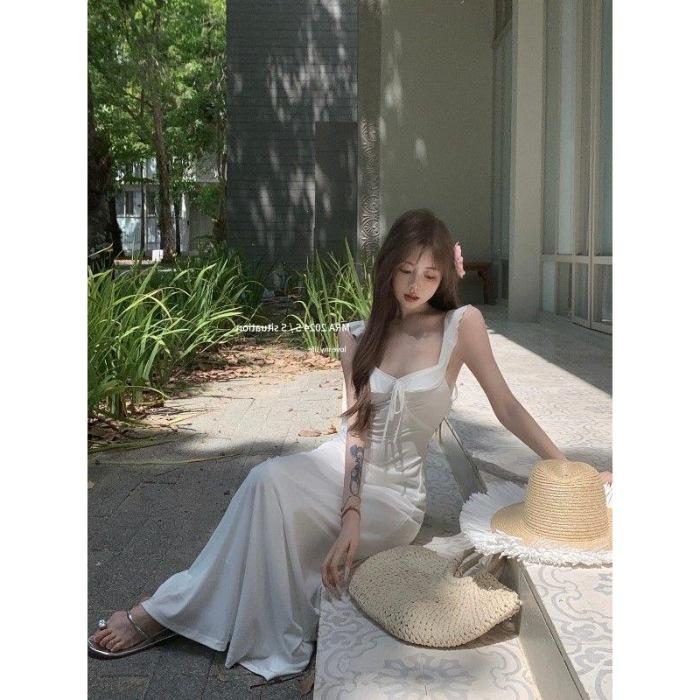 Gentle Wind White Suspender Halter Dress Children's Summer New Seaside Fairy Beautiful Long Dress