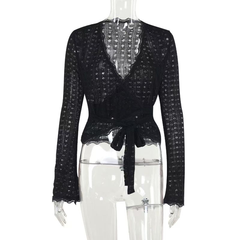 

European and American Sexy Hollow-out Perspective V-neck Strap Knit Top V-Neck Tie-up Cardigan Top Black S