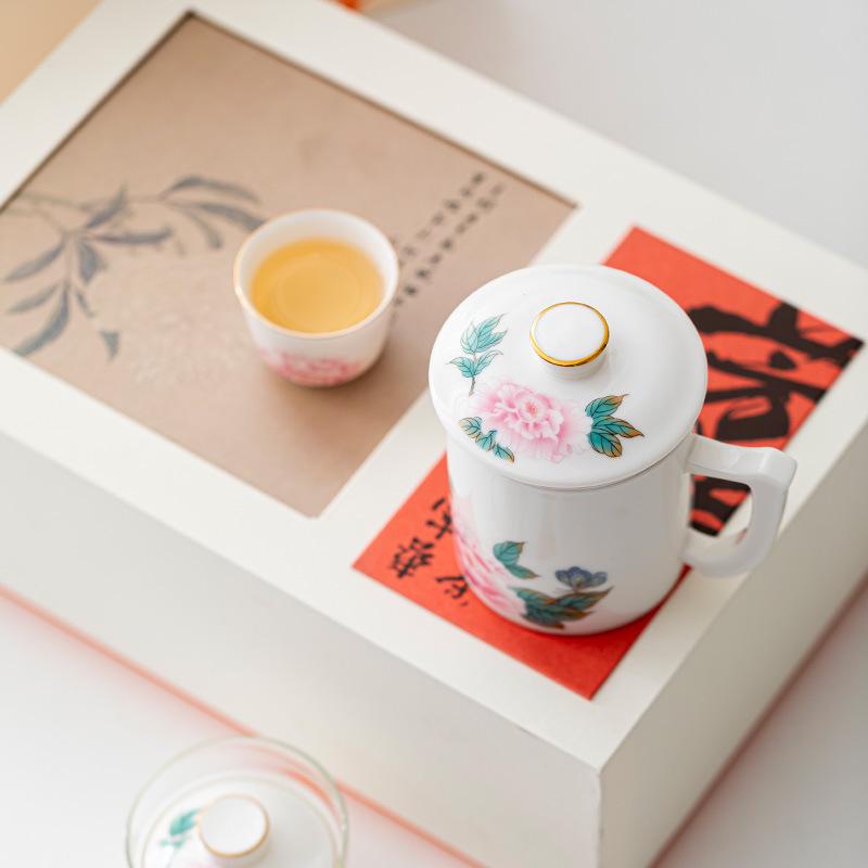 Mutton Fat Jade Ceramic Travel Tea Set - Large Covered Filter Cup Gift Box
