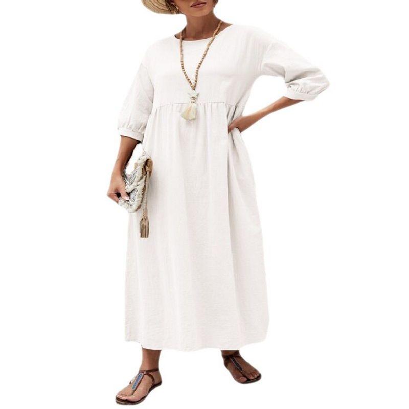 2025 New Women's Casual Solid Color Fashion Lantern Sleeve Loose Cotton and Linen Dress with Pockets in Stock