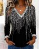 Women's Long Sleeve Top V Neck Elegant Sequin Print Loose Fit Blouse Casual Tunic Top