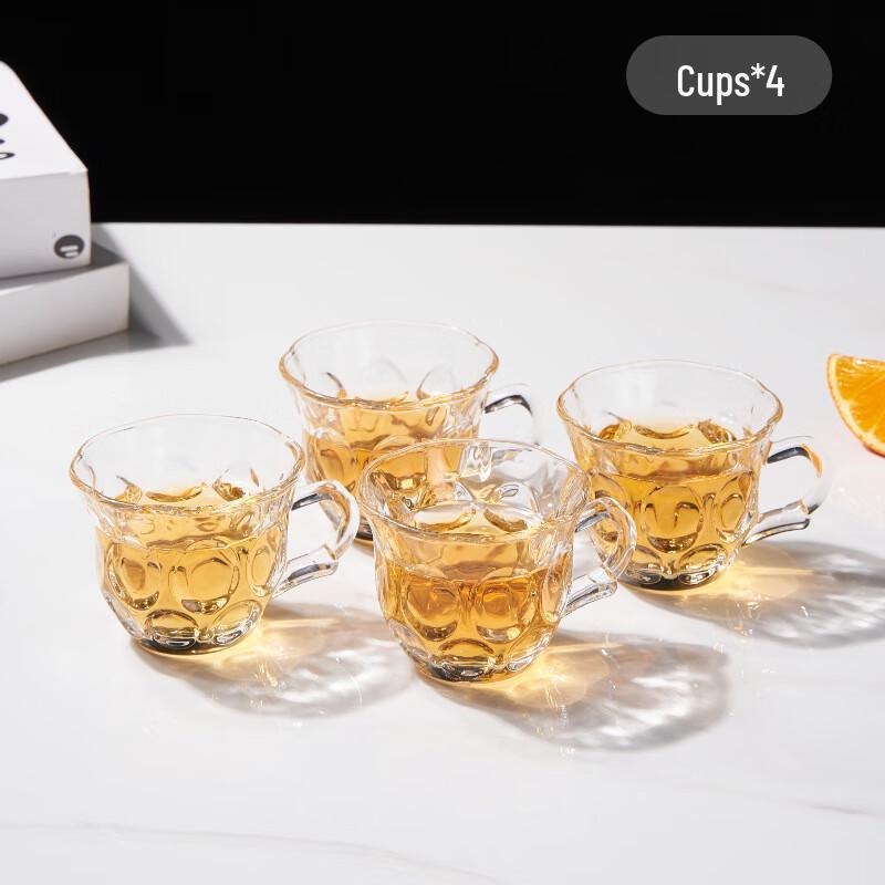 Glass Teapot & Crystal Cup Set 4 Crystal Cups with Handles