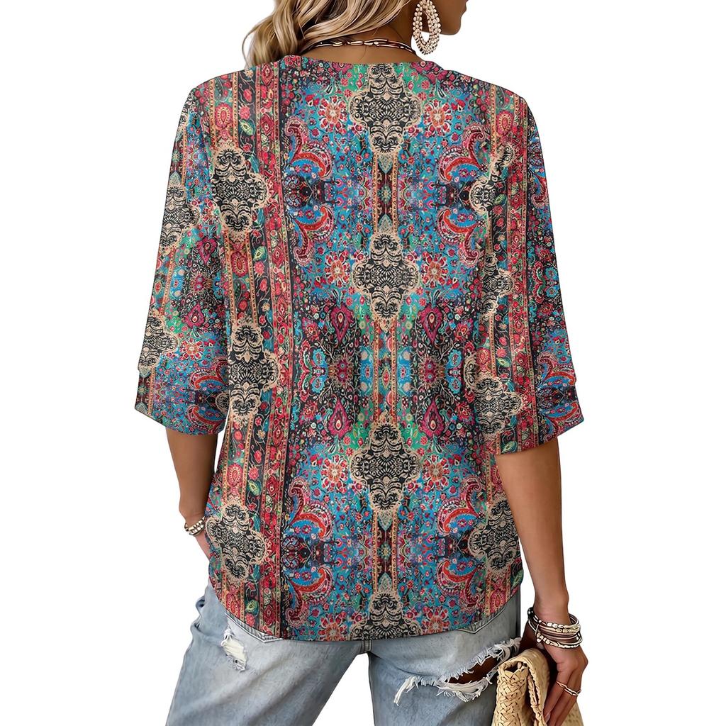 Women's Floral Print V-Neck Blouse Lightweight for Spring and Summer