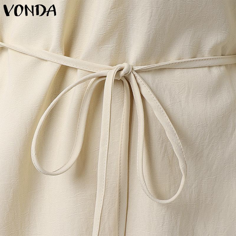 VONDA Women Casual Turn Down Collar Long Sleeve Front Cross Shirt Dress