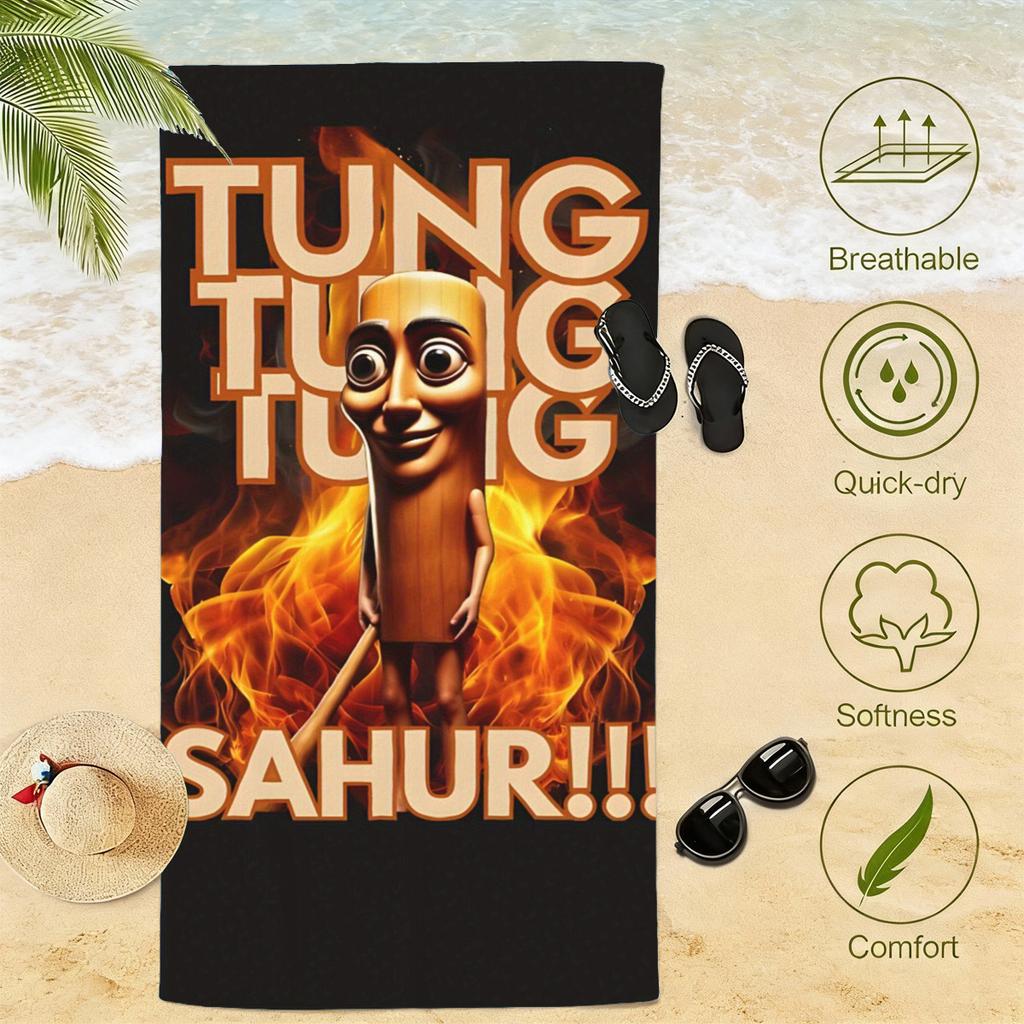 1PC Tung Tung Tung Sahur Meme Microfiber Beach Towel Quick Dry Sand Free Soft Absorbent Pool Gym Sports Towel for Fans