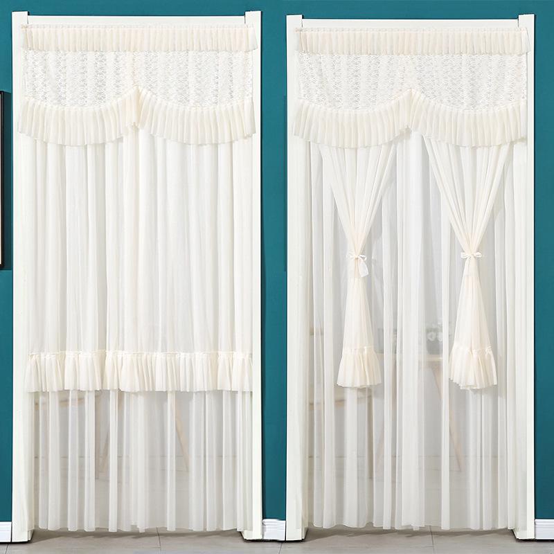 Lace Door Partition Curtain for Home – No-Drill, Double Layer, Transparent Gauze, Polyester, Anti-Mosquito.