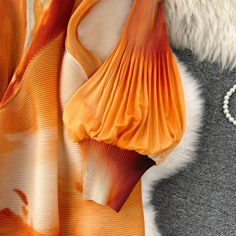 Französisches Kleid für Damen, leicht, luxuriös, schweres Plissee, schmal, langes Design, Swoosh-Druck