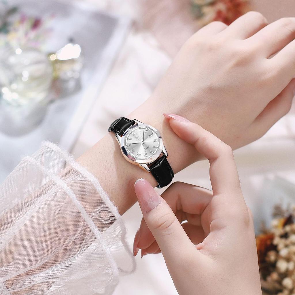 OLEVS Watch Waterproof Beautiful Stylish Arm Watch Popular Analog Quartz Roman Dial Watch Silver White Women Watch Business Watch Black Leather Strap