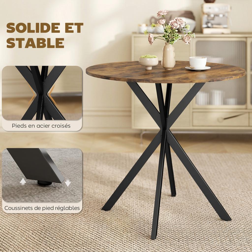 Round Dining Table for 2 People, Wood-Look Top, Steel Cross Legs, Rustic Brown