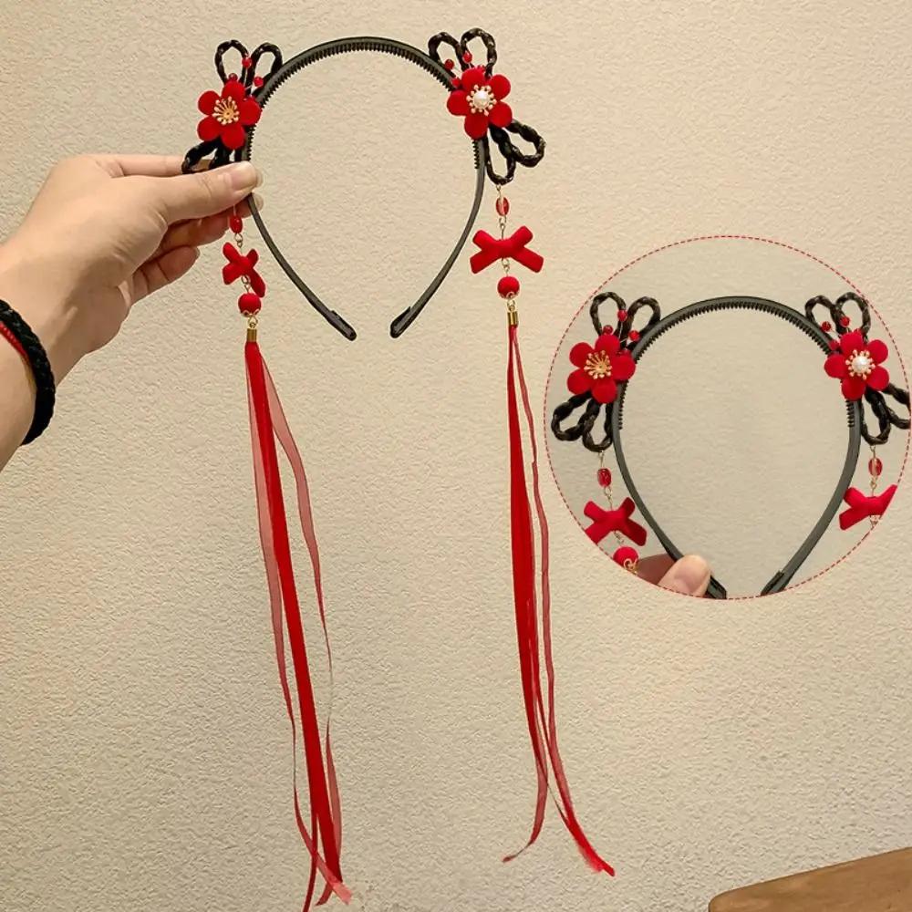 Flower Children Wig Headband Braid Hair Tang Suit Hair Hoop Chinese New Year Headwear Ancient Style Tassel Red Bow Hairband Baby