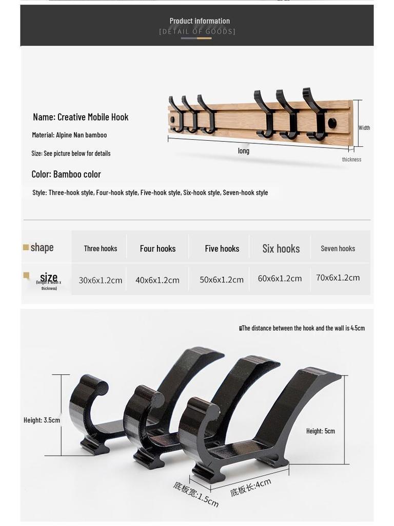 Wandmontierte Hakenleiste aus Bambus und Holz, Kleiderbügel mit Klebefolie ohne Bohren zur Aufbewahrung von Kleidung hinter der Tür
