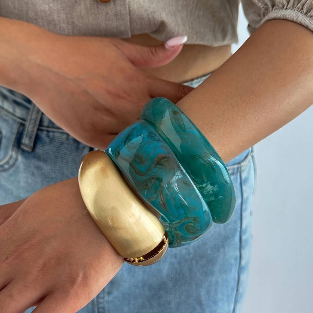 Salircon 3 Styles Exaggerated Irregular Acrylic Resin Bangles Women Hip Hop Geometric Matte Gold Color Metal Bracelets Jewelry