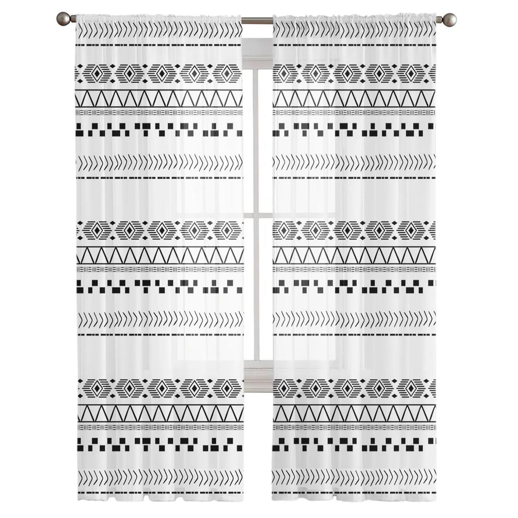 Vintage Lines Hand-drawn Textures Bedroom Transparent Sheer Curtains Holiday Decoration Window Voile Tulle Curtain