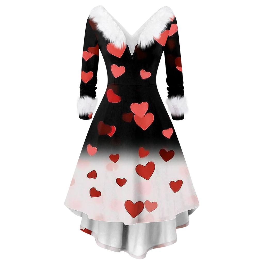 Damen stilvolles und elegantes langärmeliges V-Ausschnitt Kleid mit Valentinstags-Herzprint