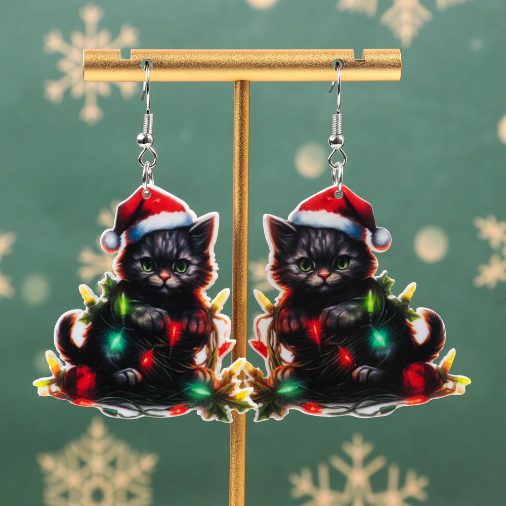 

Cute Christmas Hat Black Cat Colorful Lamp Earrings for Women Cartoon Animal Kitten Drop Earring Party Jewelry Xmas Gifts