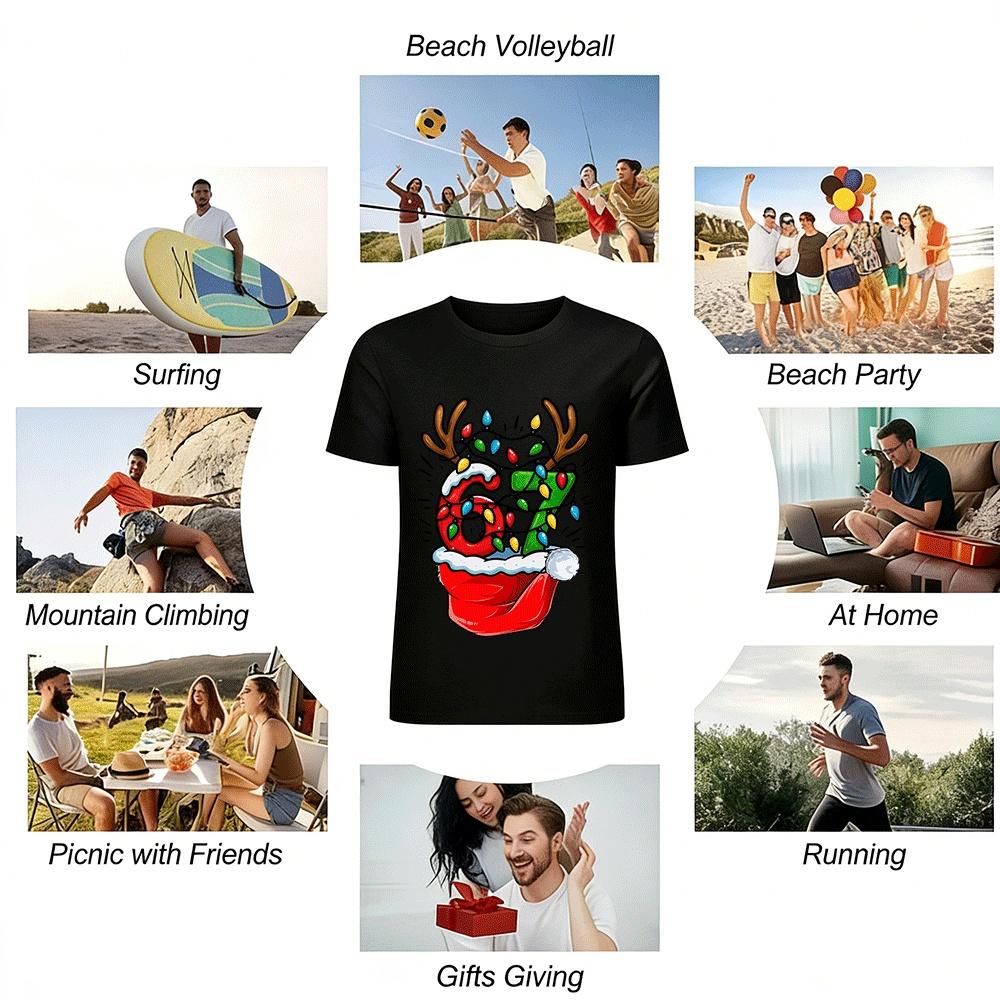 Christmas Themed Number 67 Reindeer Lights Print Casual Top Pure cotton T-shirt
