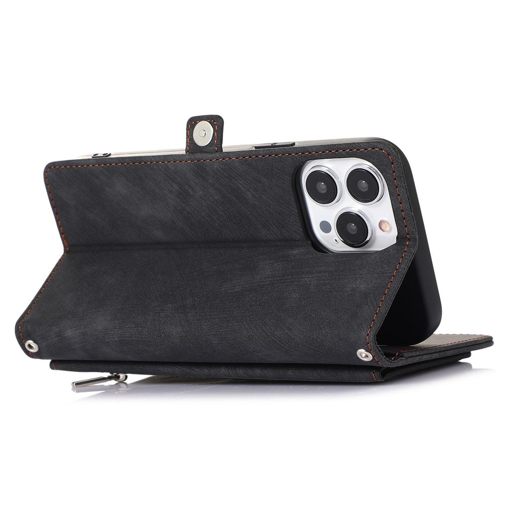 For iPhone 15 Pro Case Zipper Pocket 9 Card Slots PU Leather Phone Cover with Wrist Strap