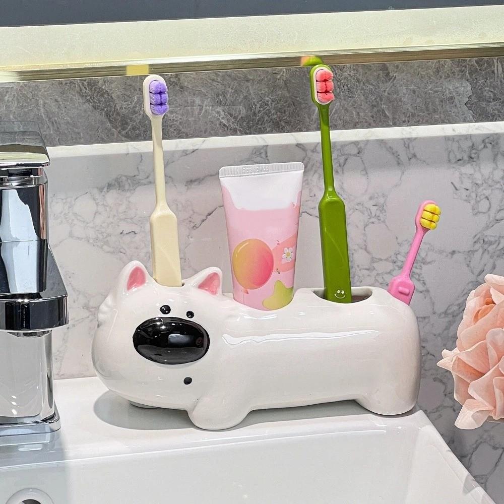 Ceramic Dog Shaped Toothbrush Holder Waterproof 4 Slots Toothpaste Toothbrush Base Funny Non Slip Electric Toothbrush Holder