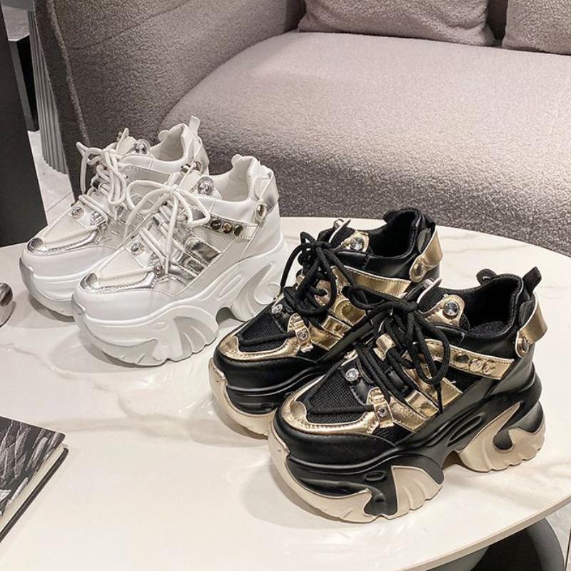 10CM Spring Women Chunky Sneakers Heels Lace-up High Platform Sports Shoes Woman Breathable Mesh Shoes Leather Sneakers