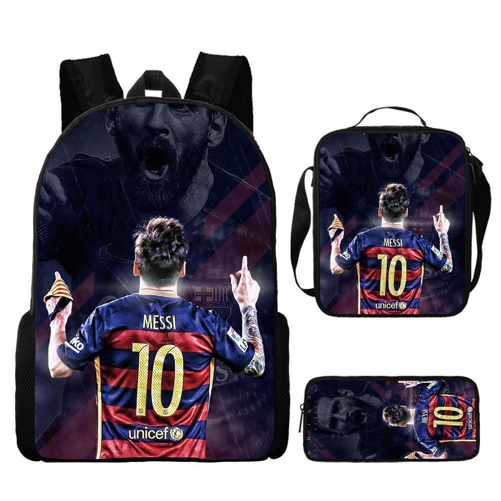 Sac à dos scolaire imprimé Messi pour étudiant Sac à dos Satchel C Luo pour Neymar Ensemble trois pièces