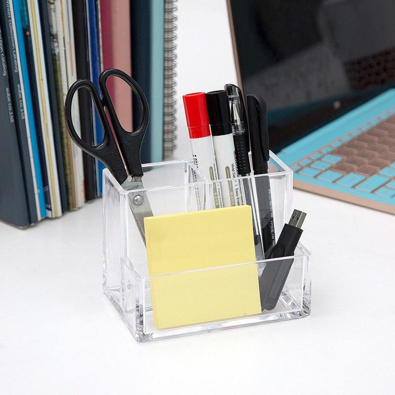 Clear Pen Holder Box Make Up Brush Bucket Cosmetic Organizer Student Desk Pen Container Storage Box 3 Grids Plastic