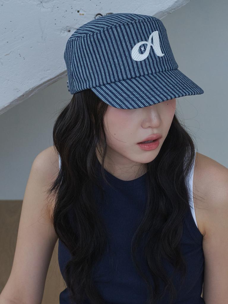 Olinkeompeulliteu Striped Stitch Denim Pillbox Cap