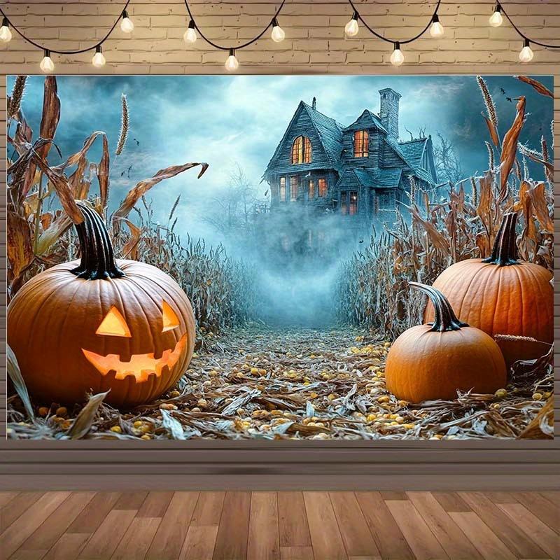 1 Halloween Haunted House Background Cloth - Ghost Pumpkin Cornfield Mist Landscape and Neon Sky Design