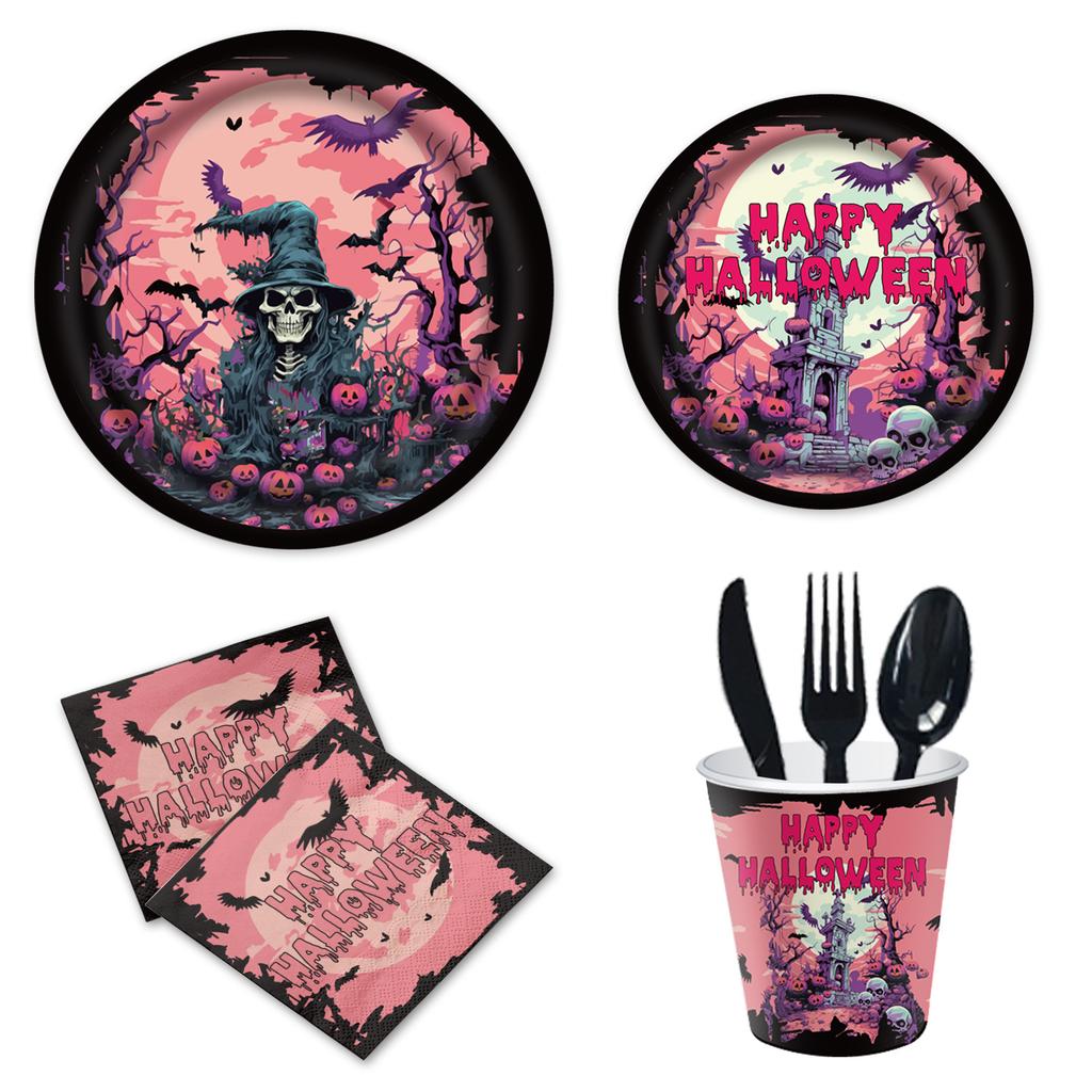 Halloween Themed Party Cutlery Paper Plates Tissue Birthday Supplies Pink Horror Disposable Birthday Party Set